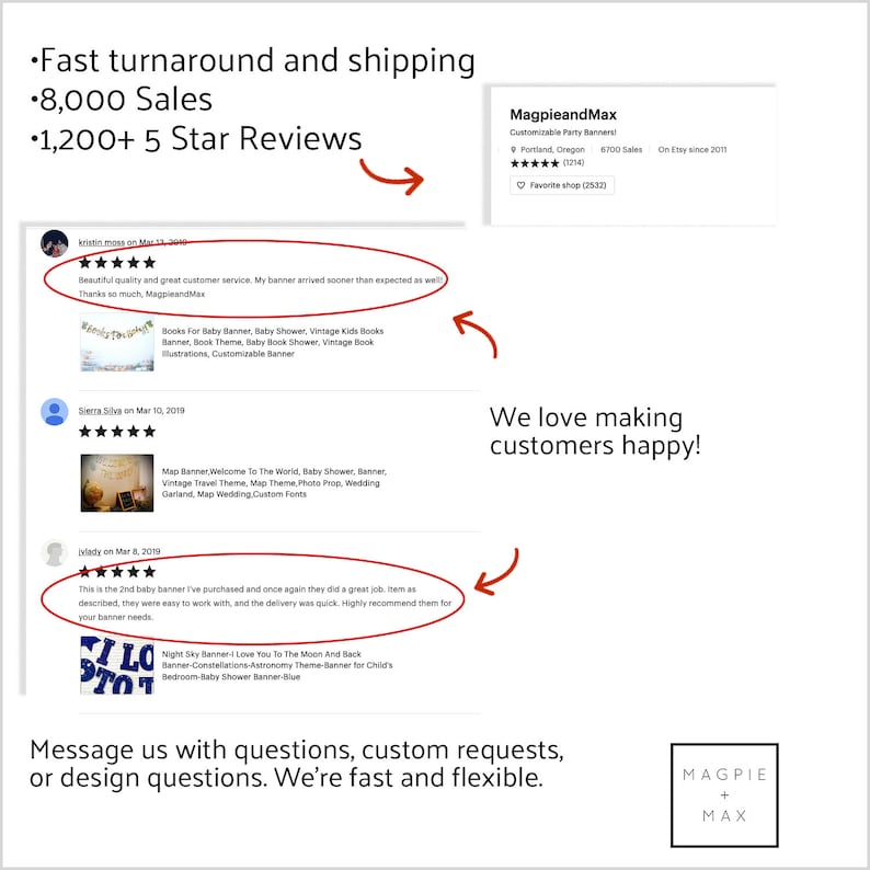 May include: A screenshot of an Etsy shop's website showcasing customer reviews for customisable party banners. The reviews are positive and highlight the shop's fast turnaround time and high-quality products. The shop's name is MagpieandMax and they have over 8,000 sales and 1,200 five-star reviews.