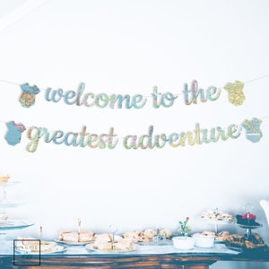 Welcome To The Greatest Adventure Baby Shower Banner, Pastel Colored Map Paper,Customizable colors and shapes, String It Yourself, map party