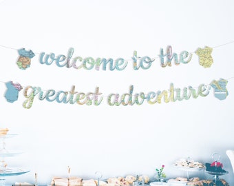 Welcome To The Greatest Adventure Baby Shower Banner, Pastel Colored Map Paper,Customizable colors and shapes, String It Yourself, map party