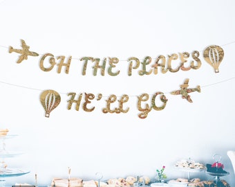 Oh The Places, He'll Go Banner, Travel Theme Nursery or Graduation Banner, Antique Map Paper, String It Yourself