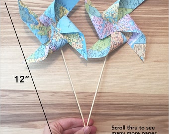 Map Pinwheels, Large 7" Pinwheels and Party Decoration. Customizable. Nonspinning. Pinwheel KITS.  Shipped Flat. Easy Assembly