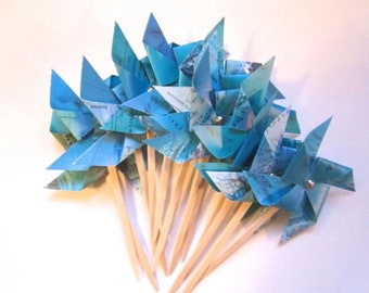 Pinwheel Cupcake Topper and Party Decoration. Ocean Map Colors. Pinwheel Kit.  Shipped Flat. Easy Assembly. Pinwheel Decoration. Map Theme.
