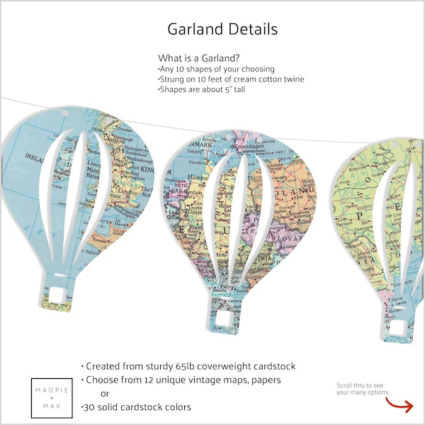 Hot Air Balloon Banner. 12 Balloons Made From Pastel Map Paper. String It Yourself.