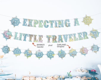 Expecting a Little Traveler Banner, Little Traveler Banner, Baby Birthday,Map Banner, Pastels,Compass Rose, Customizable, String it yourself