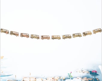 Bus Garland, 60's bus, bus shapes, surfing bus, surfer birthday, sepia tone antique maps or other paper, string it yourself, 12 5inch shapes