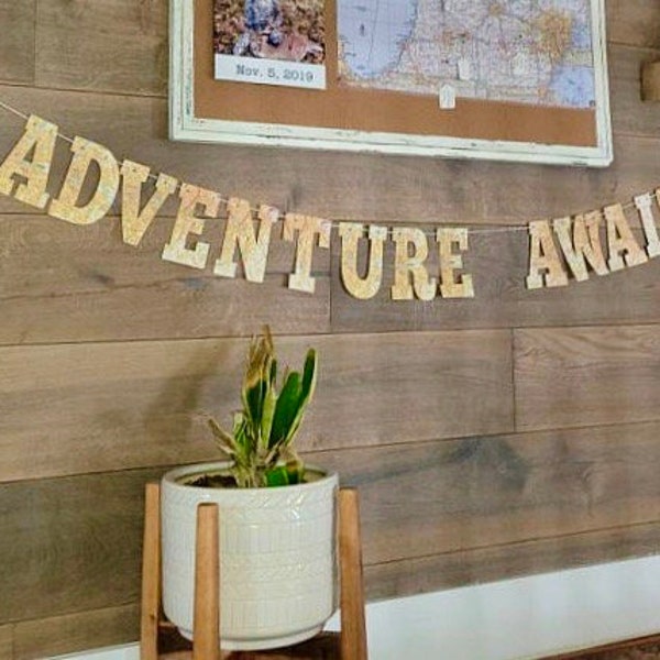 Adventure Awaits Banner, Going Away, Bon Voyage, Retirement, Honeymoon, Garland, Bunting, Map Theme, Vintage Map, Travel,