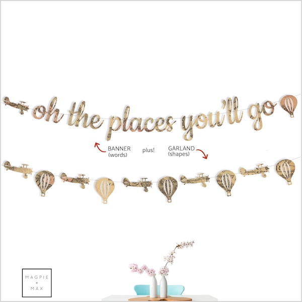 Oh The Places You'll Go Banner + Garland. Vintage Sepia Map Paper. Baby Shower, Around the World Shower, String It Yourself