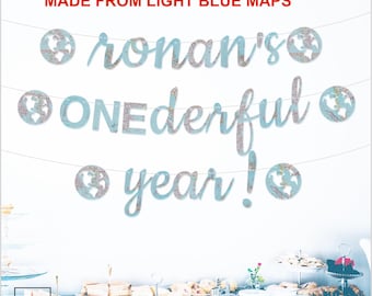 First Birthday Party Banner, ONEderful Year Banner,  Map Paper, Travel Theme, Custom Name, Light Blue Maps