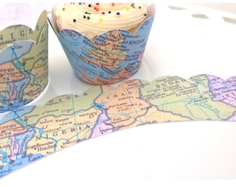 Cupcake Wraps, Pastel Map Paper Cupcake Wraps, Bon Voyage Party, Map Theme Party, Travel Themed Wedding Cupcake Wraps,