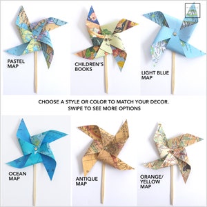 May include: Ten different styles of map pinwheels, each with a different color and design. The pinwheels are made of paper and have a wooden stick attached to the back. The pinwheels are arranged in a grid pattern on a white background. The pinwheels are labeled with the following names: Pastel Map, Children's Books, Light Blue Map, Ocean Map, Antique Map, Orange/Yellow Map.