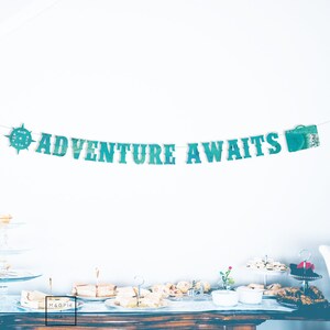 Adventure Awaits Banner, Going Away Banner, Turquoise Ocean Map Paper, Map Graduation Banner, Graduation Party Decor, Map Theme, Travel Grad