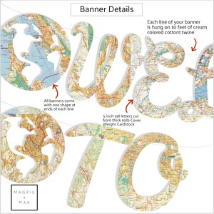 May include: A banner that says "We're 70" with each letter cut out of a vintage map. The banner is made of 65lb cover weight cardstock and is 5 inches tall. Each letter is hung on 10 feet of cream coloured cotton twine.