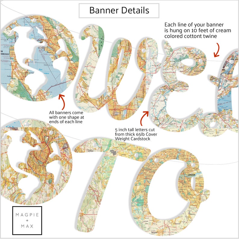 May include: A banner that says "We're 70" with each letter cut out of a vintage map. The banner is made of 65lb cover weight cardstock and is 5 inches tall. Each letter is hung on 10 feet of cream coloured cotton twine.