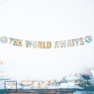 The World Awaits Banner, Orange Yellow and Blue, Globes, Earth Banner, Gender Reveal, Travel, Map Theme, Photo Prop, string it yourself
