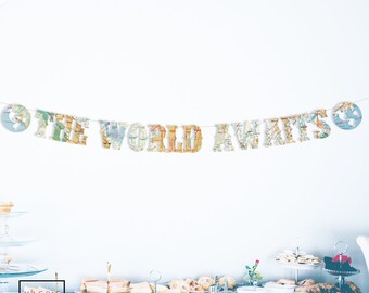 The World Awaits Banner, Orange Yellow and Blue, Globes, Earth Banner, Gender Reveal, Travel, Map Theme, Photo Prop, string it yourself