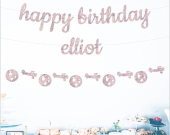 Happy Birthday Banner, Pink Map Paper, Optional Plane and Globe Shape Garland, Travel Theme,