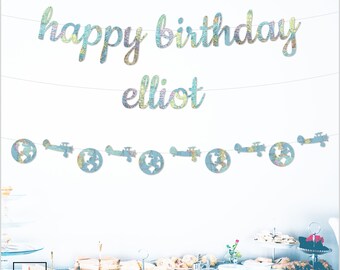 Happy Birthday Banner, Pastel Map Paper, Optional Plane and Globe Shape Garland, Travel Theme, String It Yourself