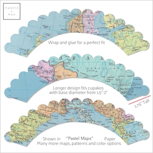 May include: Set of three cupcake wrappers featuring vintage map designs in pastel colors. The wrappers are shaped like a scalloped half-circle and are 1.75 inches tall. The text "Wrap and glue for a perfect fit" is printed on the image. The text "Longer design fits cupcakes with base diameter from 1.5"-2" is also printed on the image. The text "Shown in "Pastel Maps" Paper" is printed on the image. The text "Many more maps, patterns and color options" is also printed on the image.