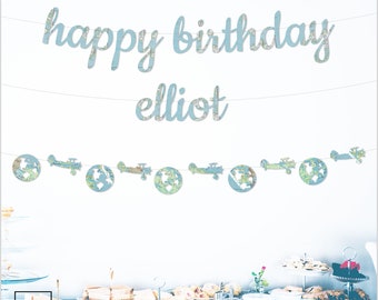Happy Birthday Banner, Light Blue World Map Paper, Optional Plane and Globe Shape Garland, Cursive, Travel Theme, Easy to string