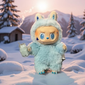 May include: A plush, light blue figure in a bunny-eared hoodie, holding a glass of boba tea. The figure has a round face with large blue eyes and is standing in a snowy landscape with pine trees and mountains in the background.