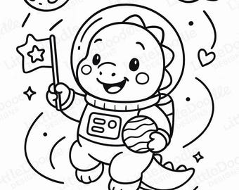 Dino in Space Coloring Page | Cute Dinosaur Astronaut Printable | Kids Coloring Sheet | Space Activity | 8.5x11 Instant Download