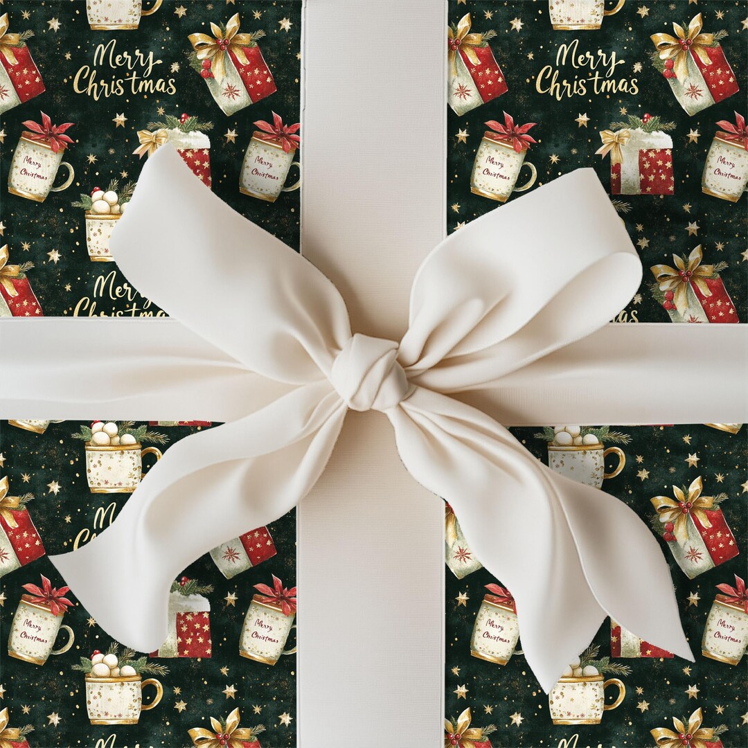 Christmas Wrapping Paper, Green Christmas Gift Wrap With Mugs, Presents — free download