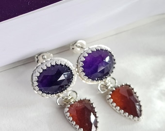 Pendientes de amatista y granate hessonita con doble piedra preciosa, hechos a mano, en plata fina y de ley.
