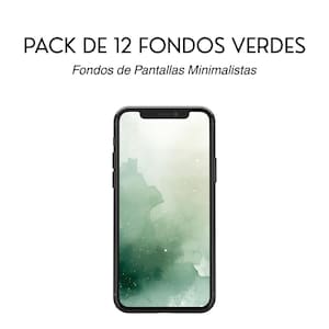 Peut inclure: Un smartphone noir affiche un fond d'écran vert de style aquarelle. L'écran du téléphone présente un design doux et abstrait avec des nuances de vert et de blanc. Au-dessus du téléphone, le texte indique "PACK DE 12 FONDOS VERDES" et "Fondos de Pantallas Minimalistas."