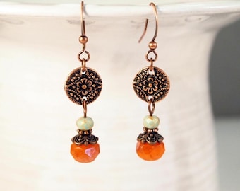 Copper Czech Glass Drop Earrings Boho Chic Dangle Pierced or Clip-on Earrings Romantic Earrings Copper Fall Jewelry Earth Tone Earrings