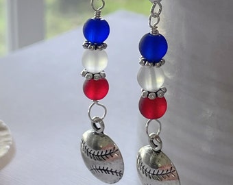 Baseball Earrings Red White Blue Earrings Sea Glass Dangle Pierced or Clip-on Earrings Sports Earrings Baseball Jewelry