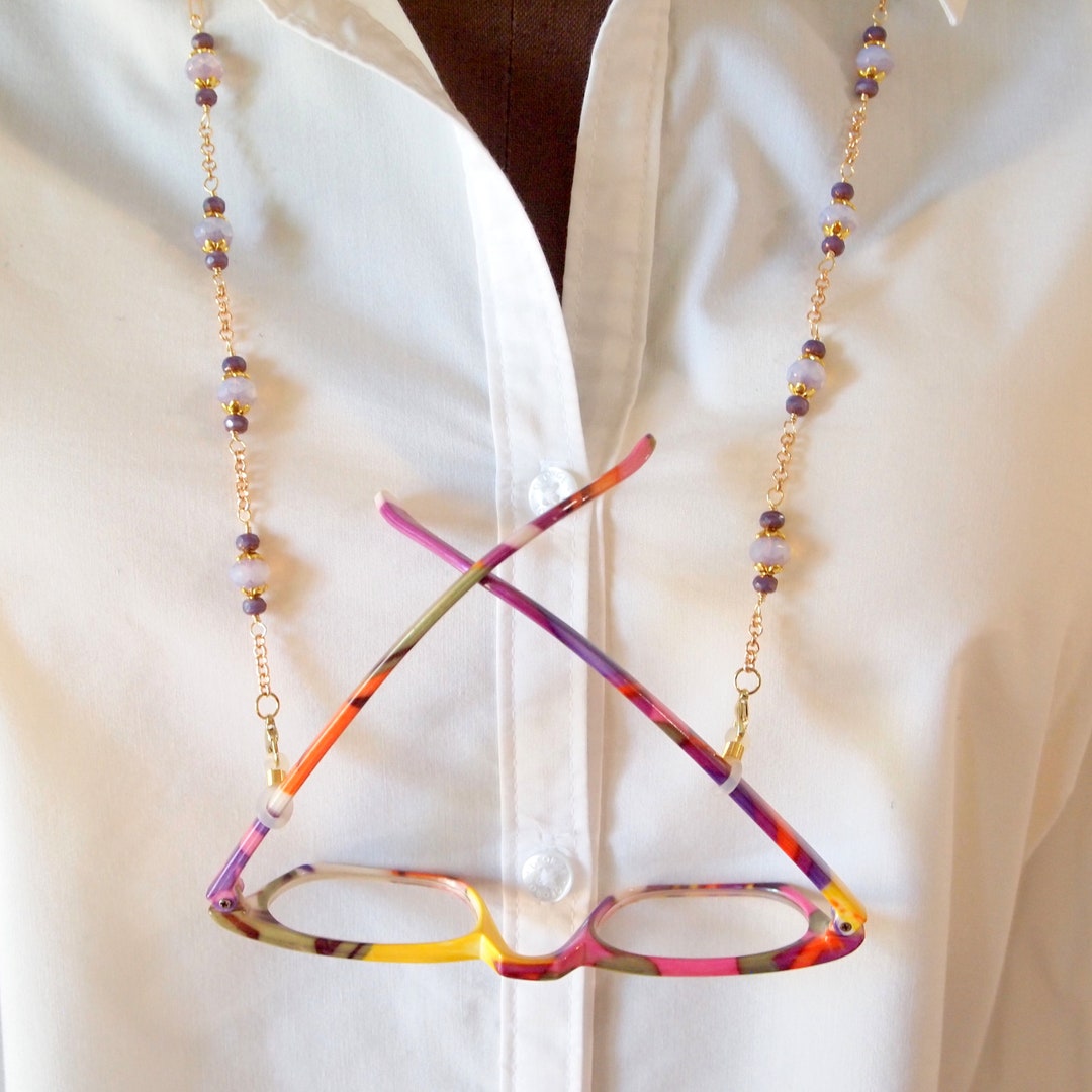 Czech Glass Bead Eyeglass Lanyard Chain Bead Face Mask Necklace Purple Beaded Reading Glasses