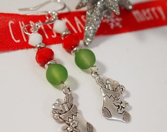 Beaded Stocking Earrings: Glass, Sea Glass, Silver Tone (3" Long)