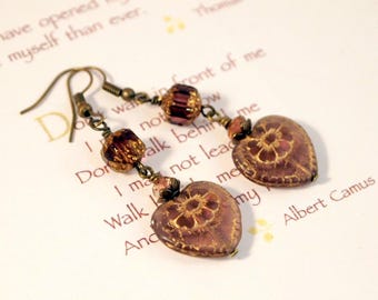 Victorian Heart Drop Earrings: Czech Glass Beads, Purple, Lever-Back (2.25" Long)