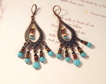 Southwestern Style Chandelier Earrings Dangle Pierced or Clip-on Earrings Copper Hippy Jewelry Boho Chic Earrings Gypsy Earrings for Women