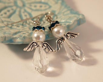 Handmade Crystal Angel Earrings Angelic Christmas Earrings Elegant Angel Dangle Pierced or Clip-on Earrings Evening Earrings Gift for Her