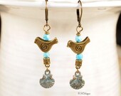 Blue Bird Charm Earrings, Cottage Chic Dangle Pierced or Clip-on Earrings, Bird Loves Gift, Gift for Her, OOAK Handmade Earrings.