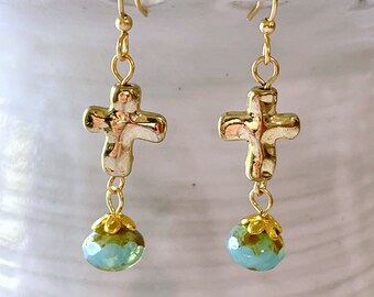 SALE Gold Cross Earrings Aqua Czech Glass Dangle Pierced or Clip-on Earrings Boho Chic Earrings Cross Jewelry Dainty Cross Earrings