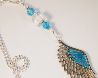 Blue Wing Crystal Rear-View Mirror Charm, Sun-catcher, Swarovski Beads, Silver Chain