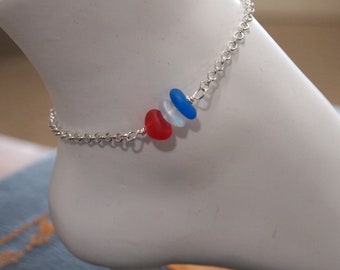 Sea Glass Beaded Ankle Bracelet Patriotic Anklet or Bracelet Beach Anklet or Bracelet Beach Jewelry  Cruise Jewelry Plus Size Gift or Her