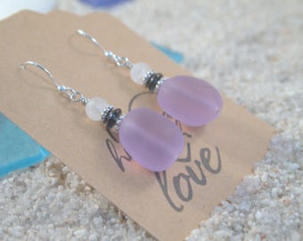 Purple Sea Glass Beaded Dangle Pierced or Clip-on Earrings Cruise Jewelry Beach Jewelry Cruise Earrings