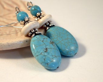 Turquoise Howlite Dangle Earrings Blue and White Drop Pierced or Clip-on Earrings Howlite Turquoise Jewelry Everyday Earrings