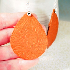 SALE Genuine Embossed Leather Earrings Teardrop Leather Dangle Earrings Leather Pierced or Clip-on Earrings Lightweight Boho Leather Earring