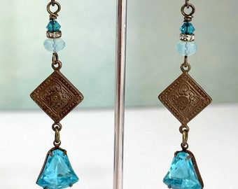 Blue Brass Earrings Czech Bead Dangle Pierced or Clip-on Earrings Victorian Style Earrings Simple Everyday Jewelry Boho Chic Earrings