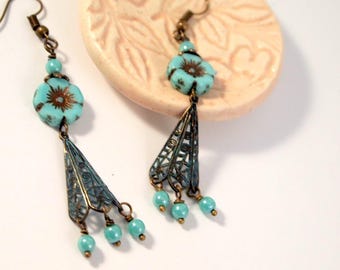 Long Dangle Brass Earrings, Czech Glass Pierced or Clip-on Earrings