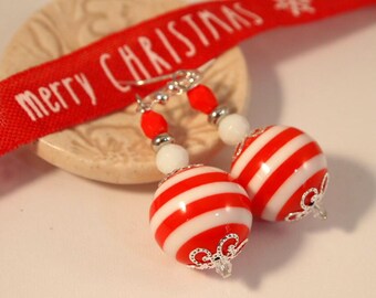 Chunky Red Stripe Christmas Earrings: Beaded Dangle Holiday Party Jewelry