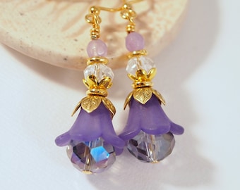 Elegant Purple Flower Earrings Spring Earrings Beaded Glass Pierce or Clip on Earrings Victorian Style Drop Earrings Easter Earrings