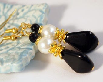 Elegant Black and White Earrings Black Tie Drop Pierced or Clip-on Earrings Gold Tone