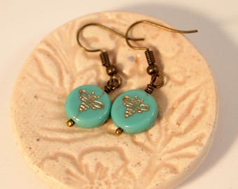 Antiqued Brass Turquoise Czech Glass Bee Drop Earrings – Petite Honey Bee Jewelry