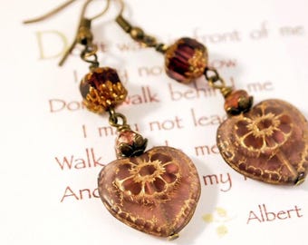 Victorian Heart Drop Earrings Czech Glass Bead Pierced or Clip-on Earrings Purple Earrings