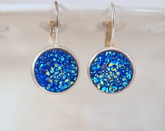 Glistening Druzy Lever Back Earrings Blue Druzy Lever Back Earrings 14mm Cabochons Lever Back Earrings Faux Druzy Lever Back